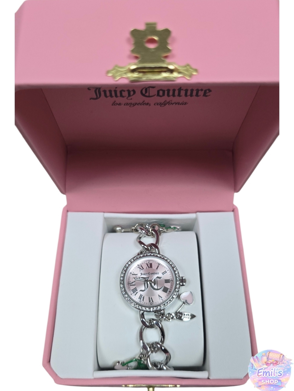 Juicy Couture Silver Charm Bracelet Watch with Pink Dial